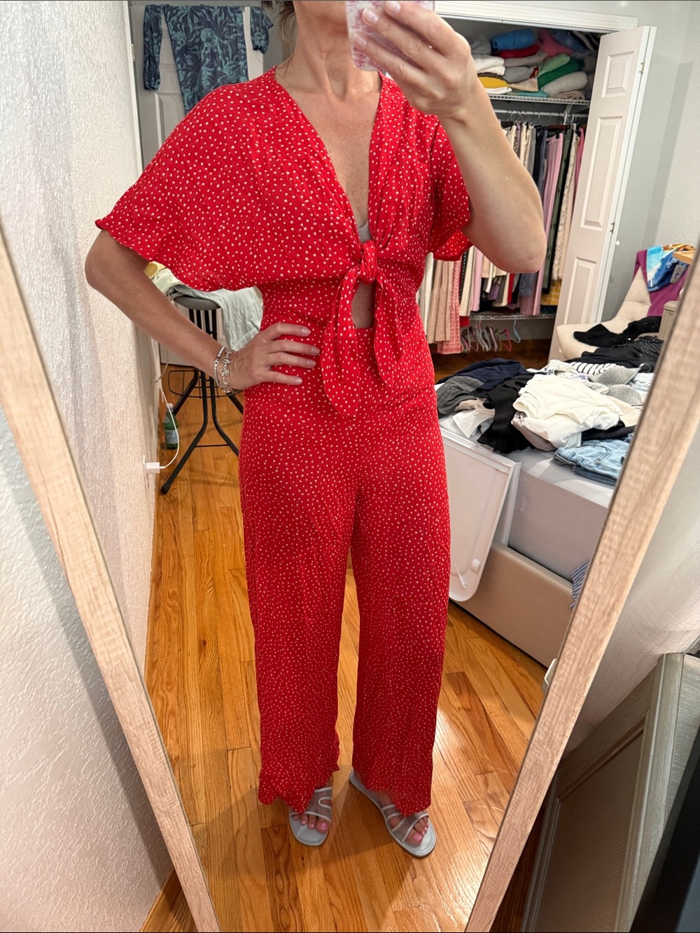 Mango Red Polka Dot Tie-Front Jumpsuit